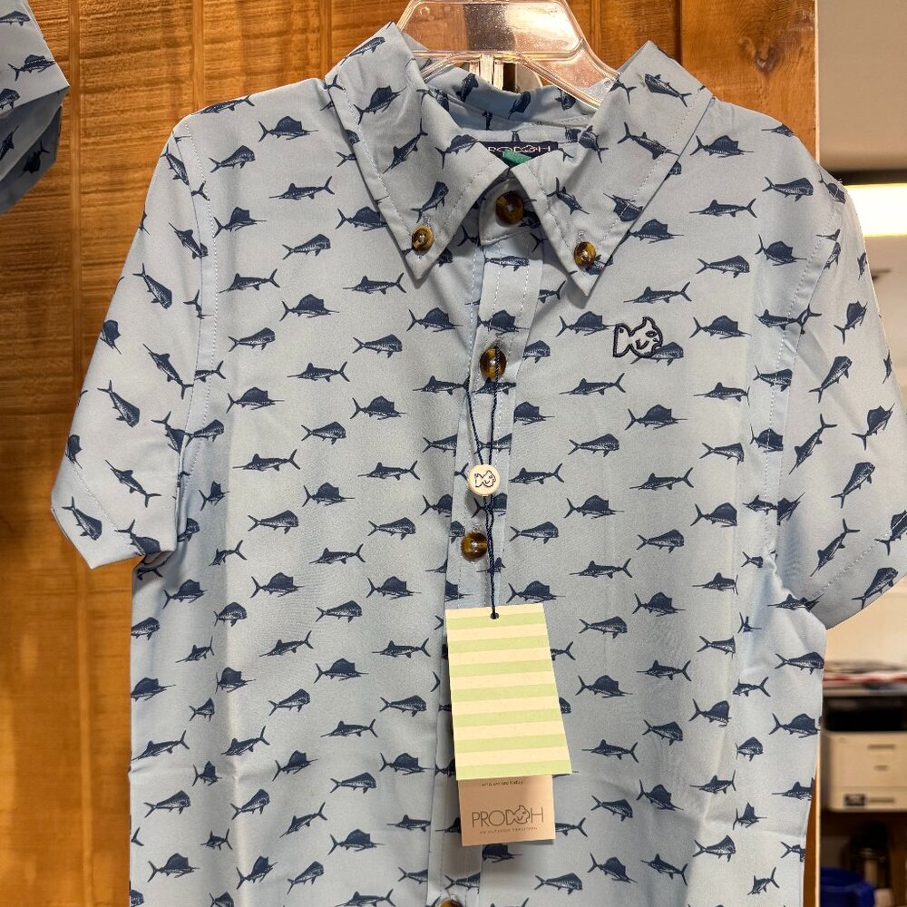 Prodoh Boys' Short Sleeve Button Up Shirt in Fish Print on Clear Sky Blue